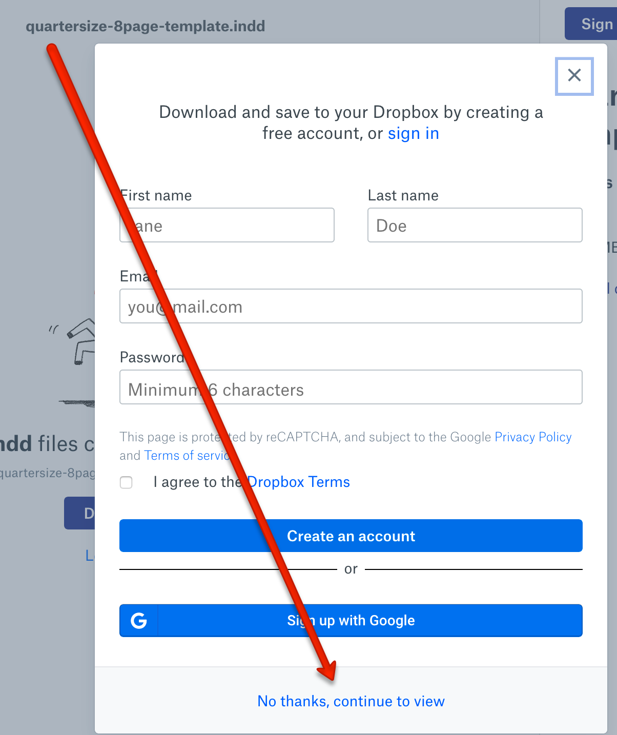 screenshot of Dropbox modal with red arrow pointing to "continue to view" at the bottom