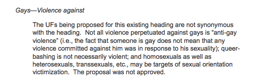 Gays--Violence against heading rejection