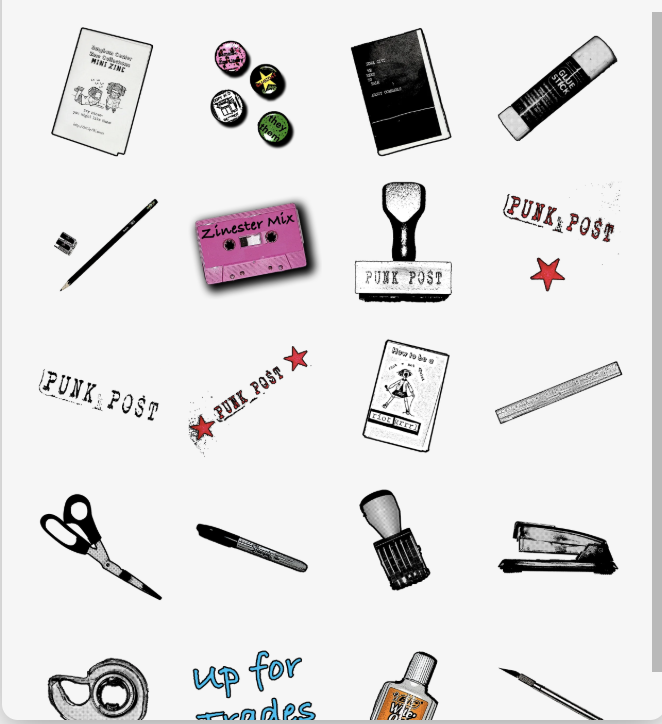 collection of zine-related graphics: scissors, tape, a mix tape cassette, a "punk post" rubber stamp, etc.
